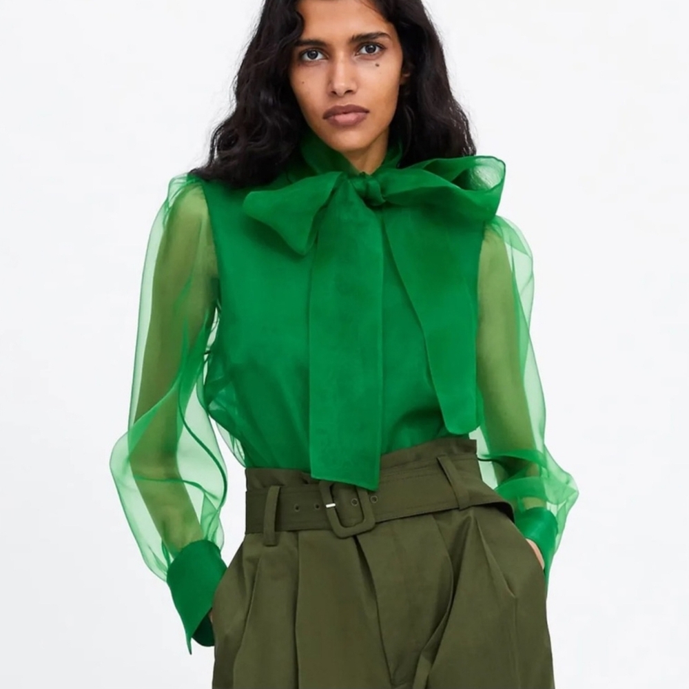 Zara Vibrant Green Sheer Bow Blouse, Size XL